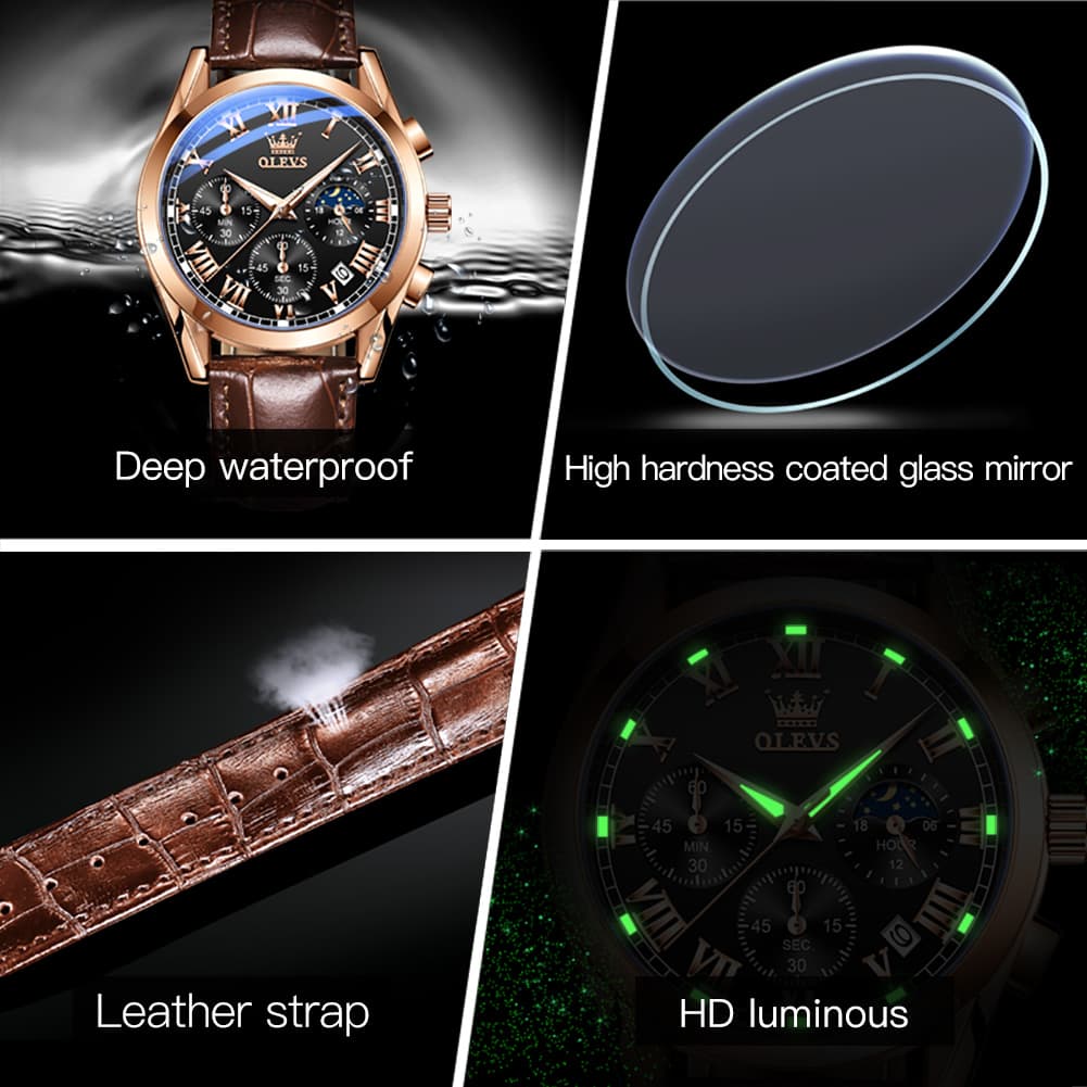 OLEVS 2871 Luxury Moon Phase Chronograph Watch for Men - All Black Steel Watch | Olevs Watch Store