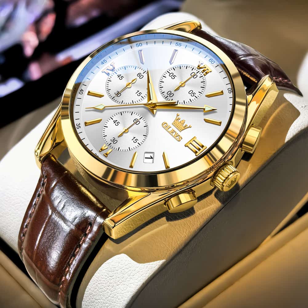 OLEVS 2872 Sophisticated Chronograph Leather Watch for Men - Brown Rose Coffee Watch | Olevs Watch Store