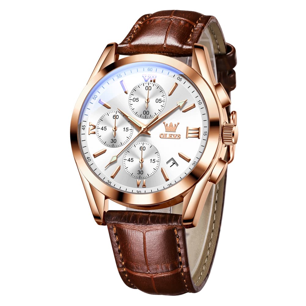 OLEVS 2872 Sophisticated Chronograph Leather Watch for Men - Brown Rose White Watch | Olevs Watch Store
