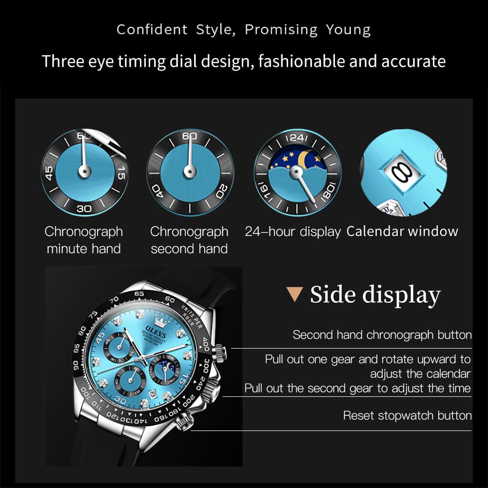 OLEVS 2875 Luxury Moon Phase Racing Chronograph Watch for Men - Gold Green Watch | Olevs Watch Store