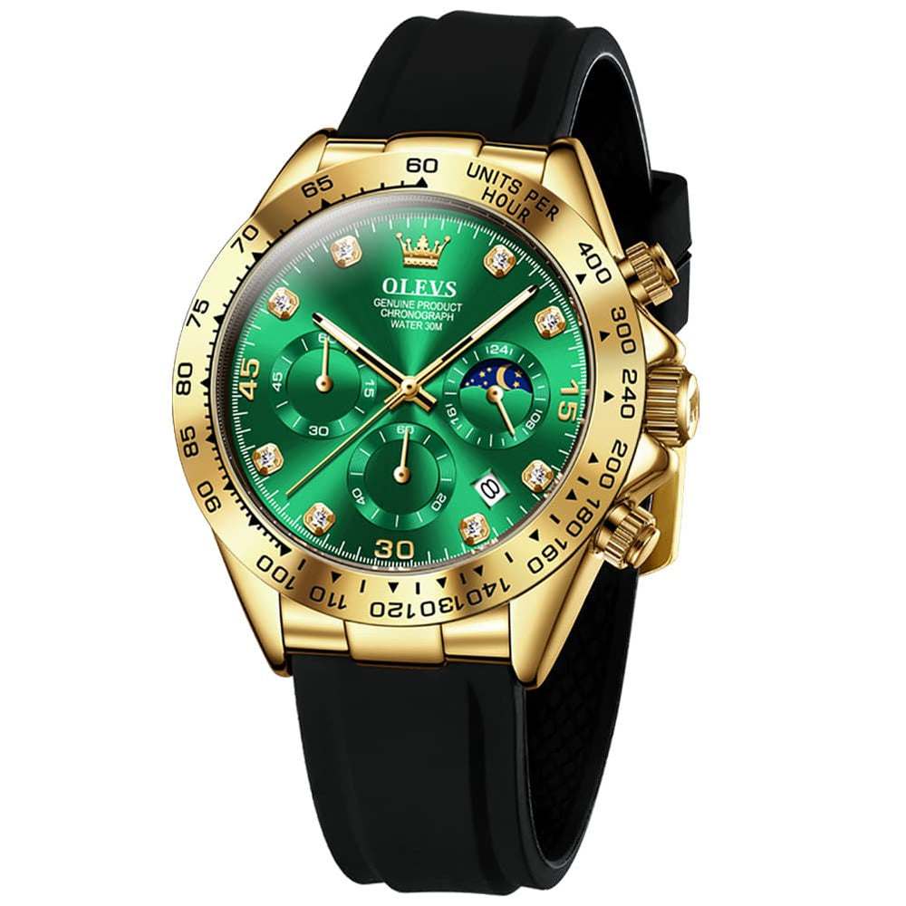 OLEVS 2875 Luxury Moon Phase Racing Chronograph Watch for Men - Gold Green Watch | Olevs Watch Store