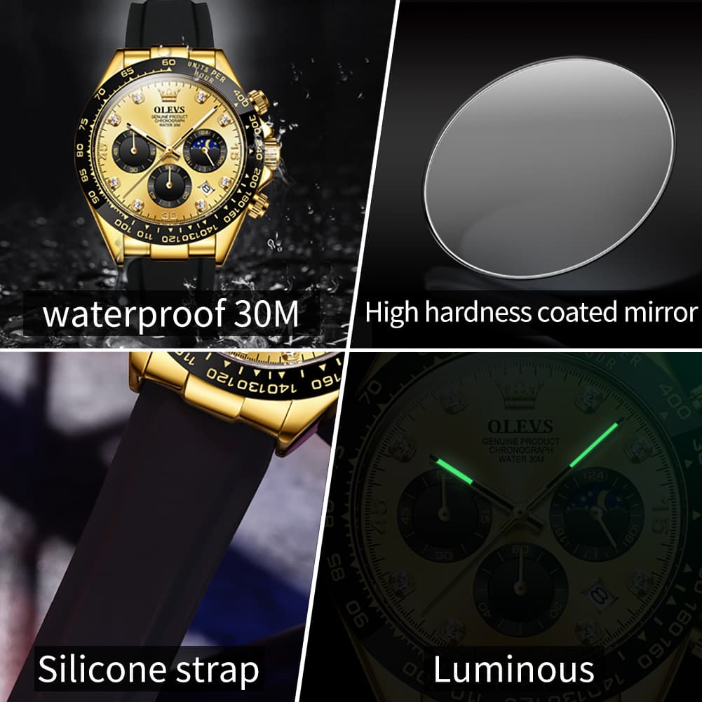 OLEVS 2875 Luxury Moon Phase Racing Chronograph Watch for Men - Gold Green Watch | Olevs Watch Store