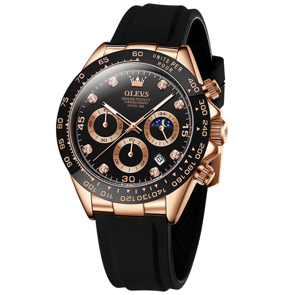OLEVS 2875 Luxury Moon Phase Racing Chronograph Watch for Men - Rose Black Watch | Olevs Watch Store