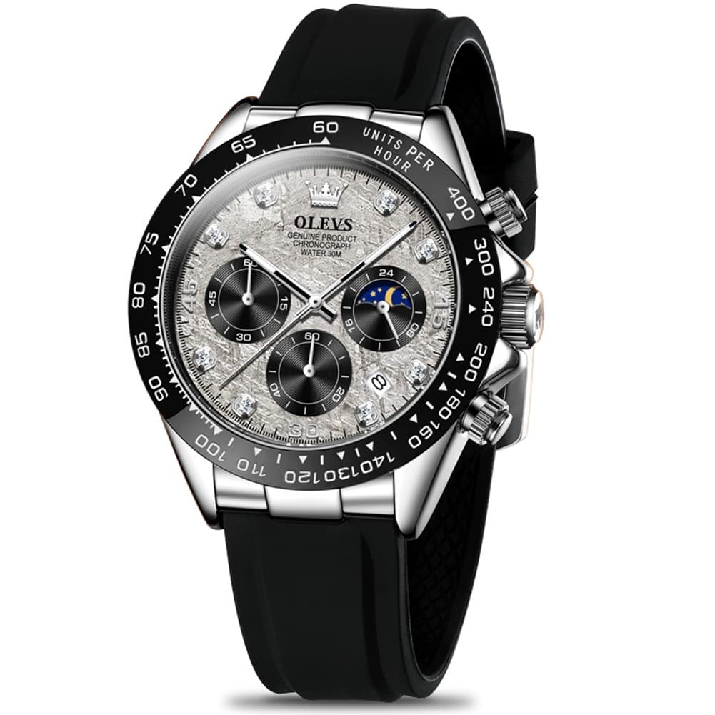 OLEVS 2875 Luxury Moon Phase Racing Chronograph Watch for Men - Silver Meteorite Watch | Olevs Watch Store
