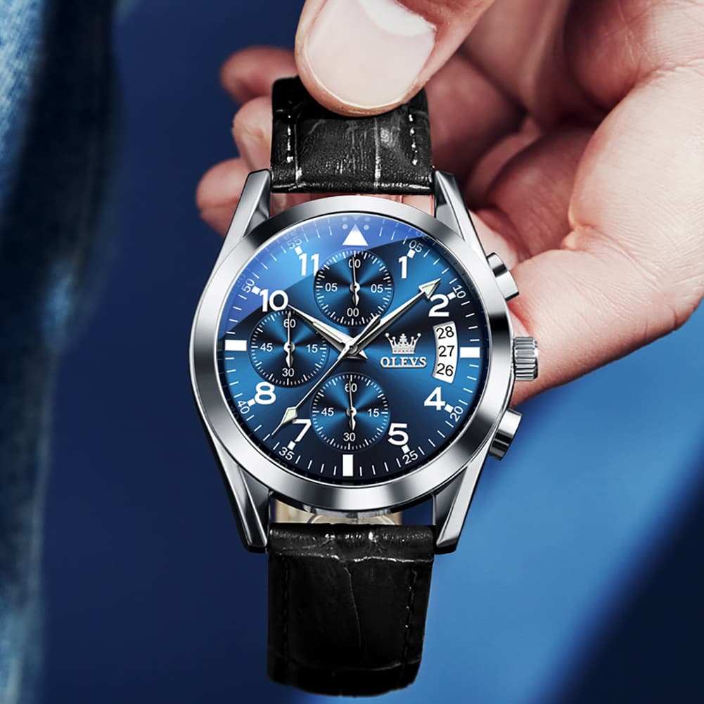 OLEVS 2878 Classic Pilot Chronograph Leather Watch for Men - Silver Blue Watch | Olevs Watch Store
