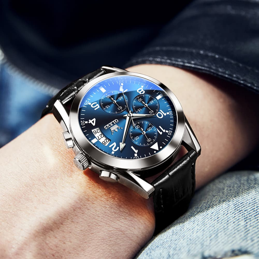 OLEVS 2878 Classic Pilot Chronograph Leather Watch for Men - Silver Blue Watch | Olevs Watch Store
