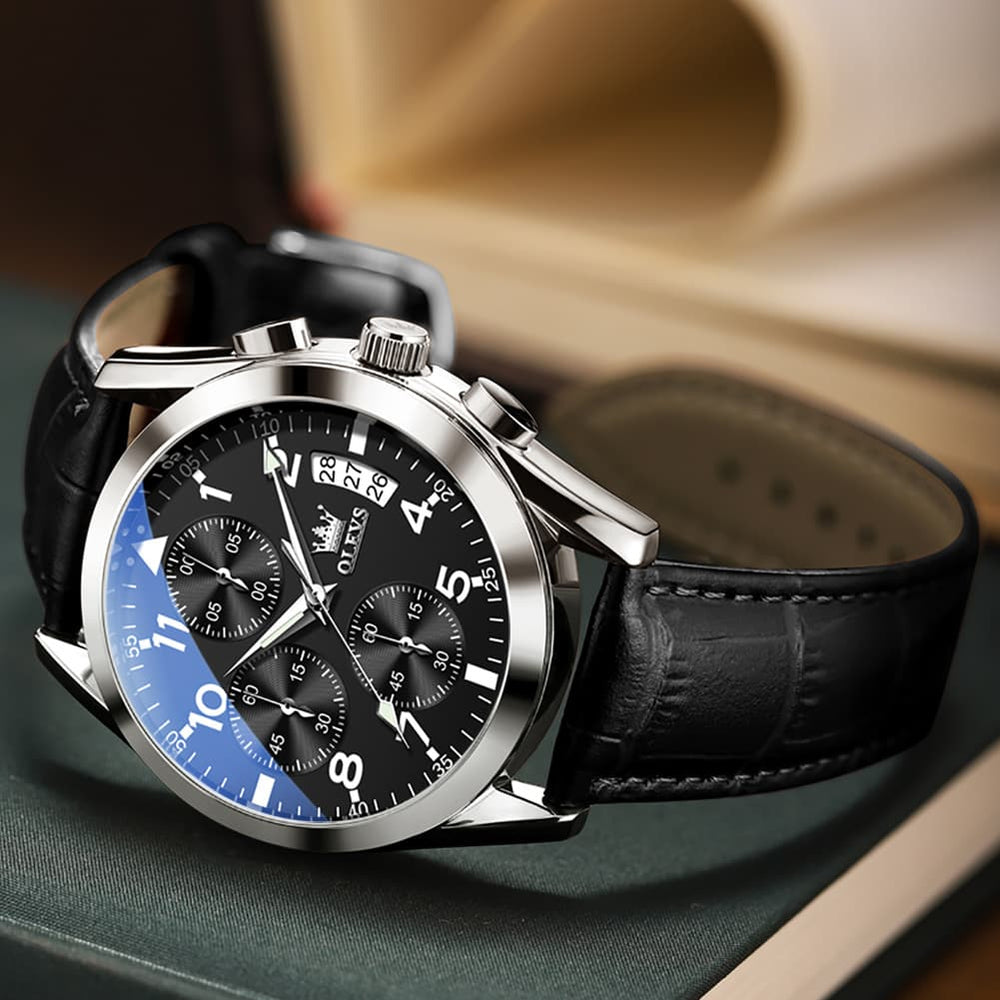 OLEVS 2878 Classic Pilot Chronograph Leather Watch for Men - Silver Blue Watch | Olevs Watch Store