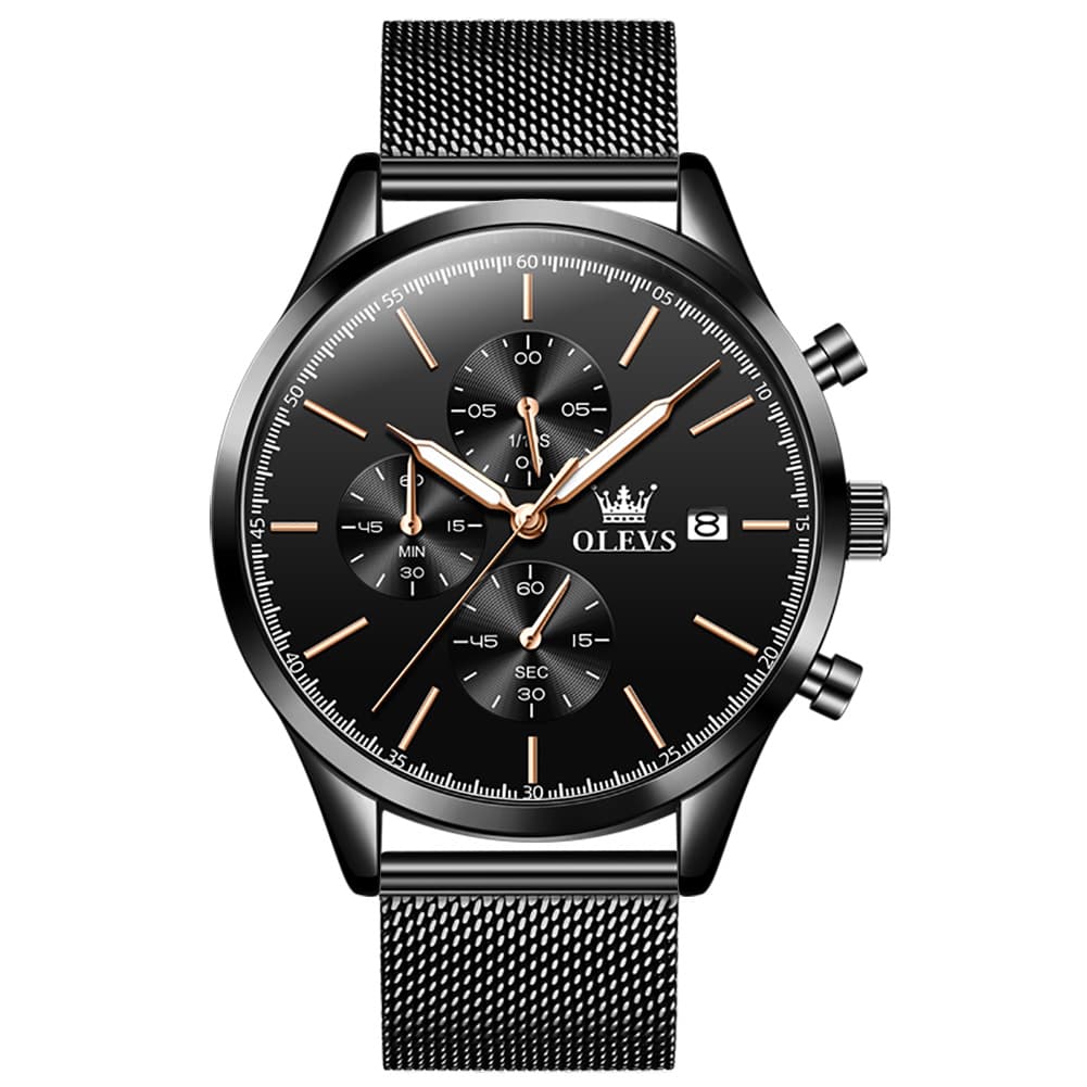 OLEVS 2881 Minimalist Milanese Chronograph Watch for Men - All Black Gold Watch | Olevs Watch Store