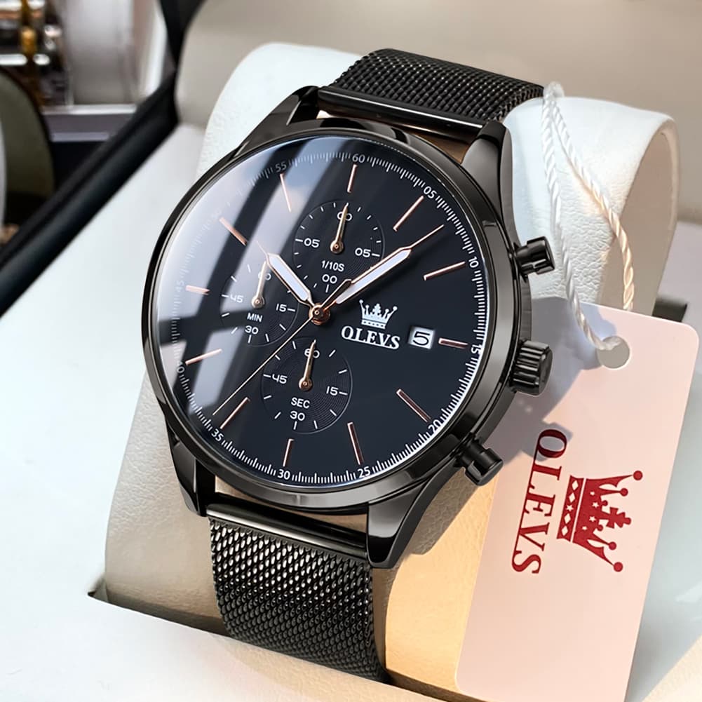 OLEVS 2881 Minimalist Milanese Chronograph Watch for Men - Rose Black Watch | Olevs Watch Store