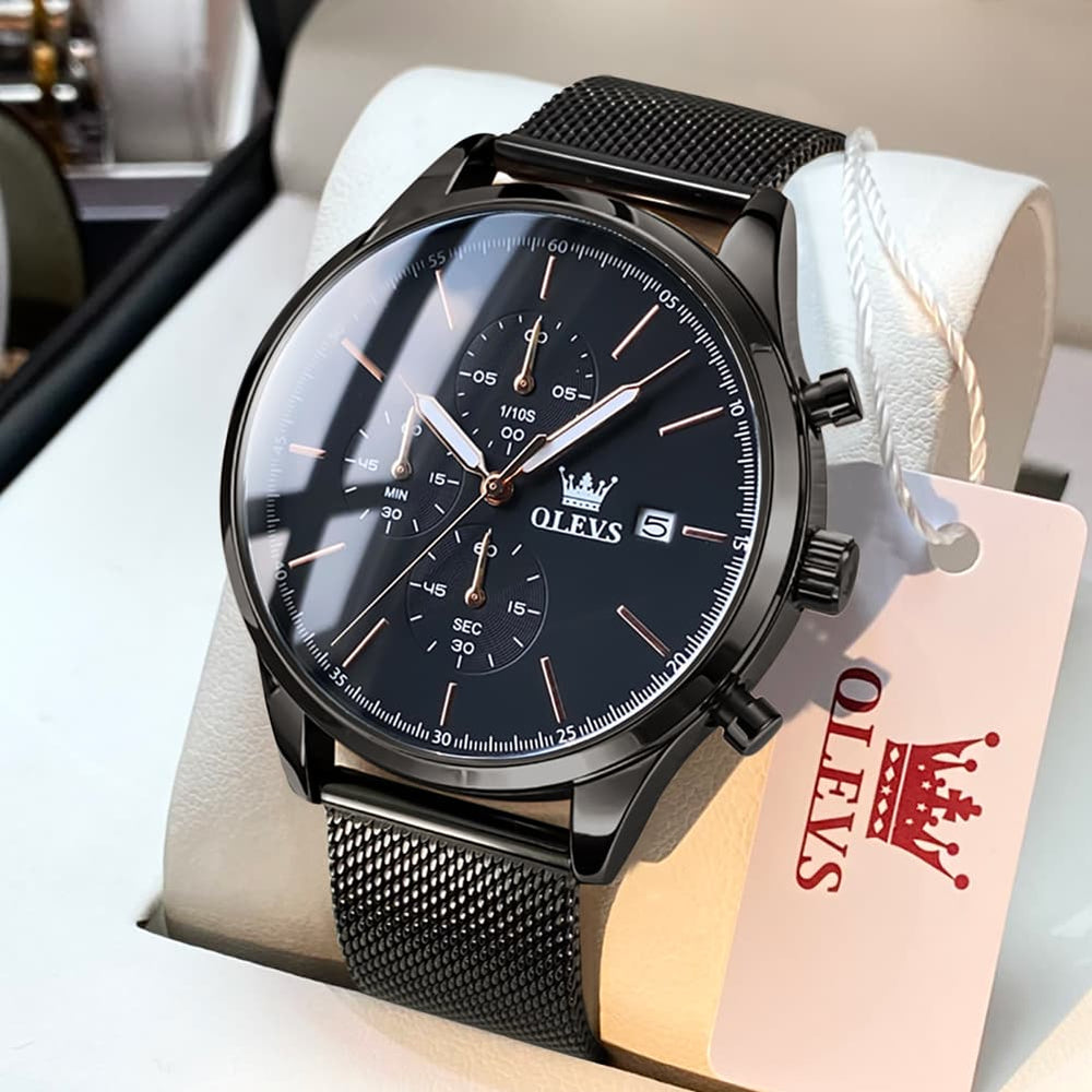 OLEVS 2881 Minimalist Milanese Chronograph Watch for Men - Rose Black Watch | Olevs Watch Store