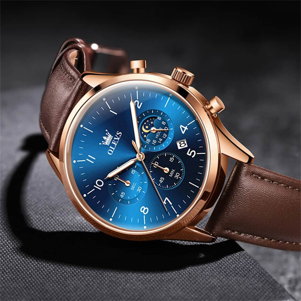 OLEVS 2882 Luxury Moon Phase Chronograph Watch for Men - All Black Watch | Olevs Watch Store
