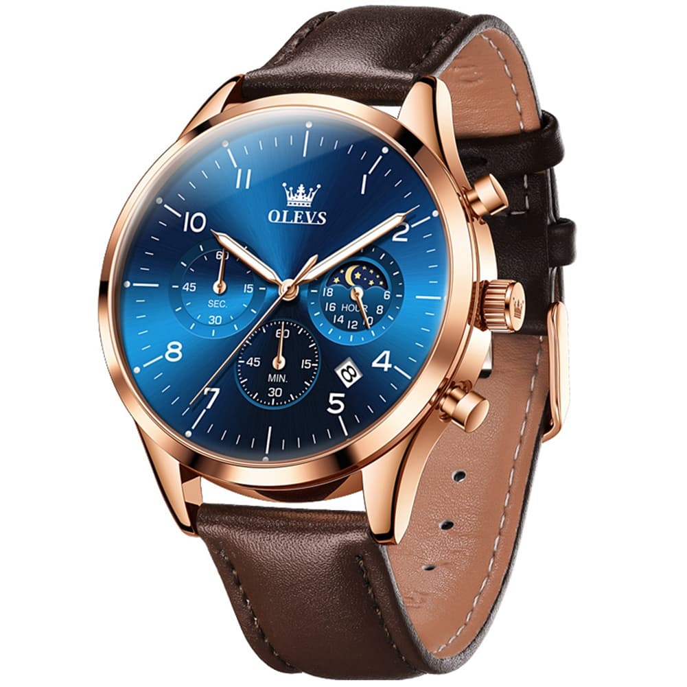 OLEVS 2882 Luxury Moon Phase Chronograph Watch for Men - Brown Rose Blue Watch | Olevs Watch Store