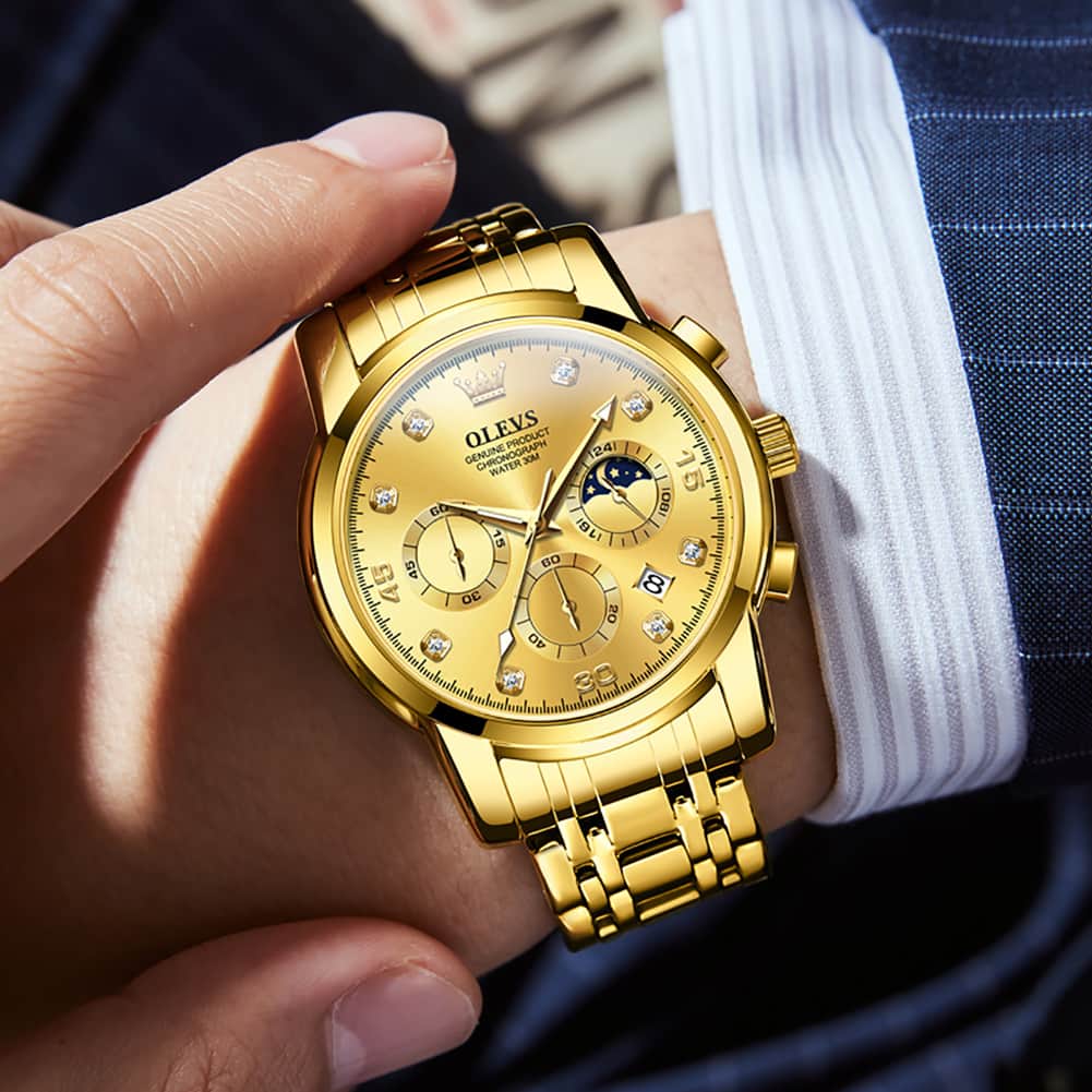 OLEVS 2889 Steel Chronograph Moon Phase Watch for Men - All Gold Watch | Olevs Watch Store
