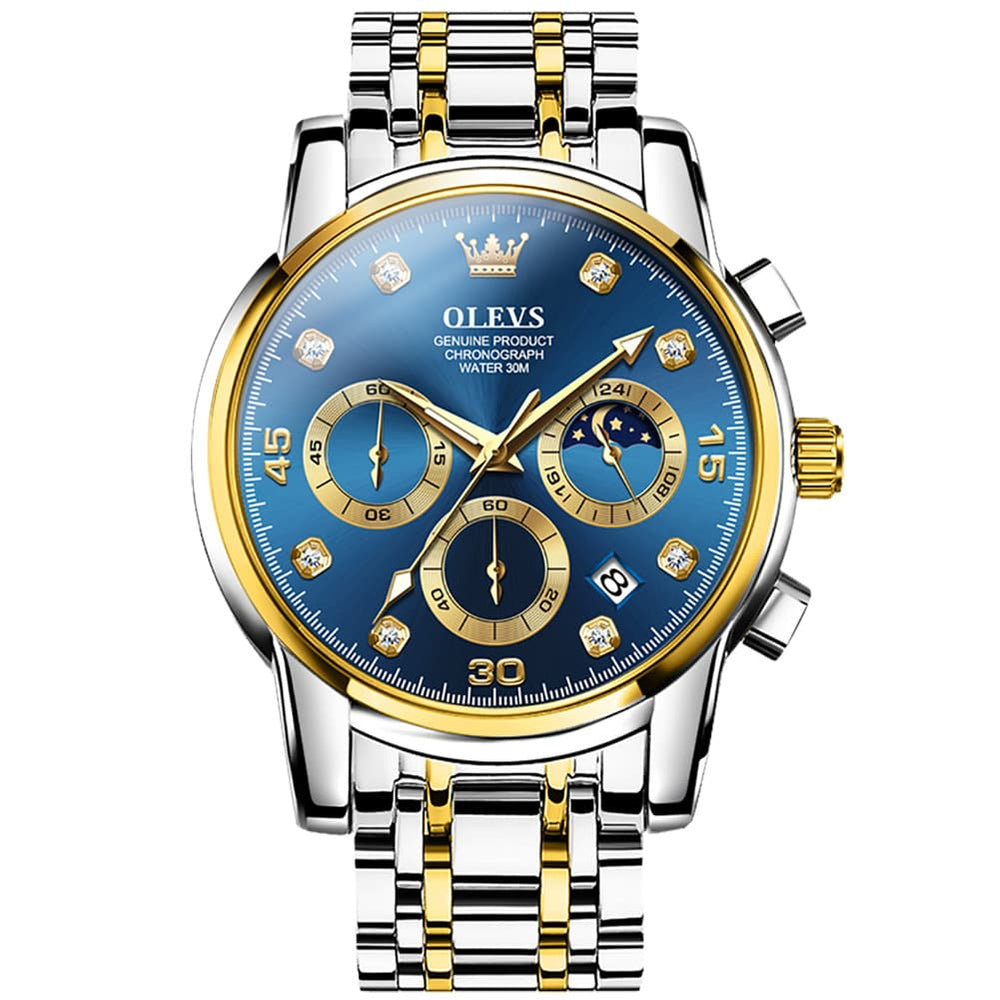 OLEVS 2889 Steel Chronograph Moon Phase Watch for Men - Two Tone Blue Watch | Olevs Watch Store