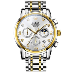 OLEVS 2889 Steel Chronograph Moon Phase Watch for Men - Two Tone White Watch | Olevs Watch Store