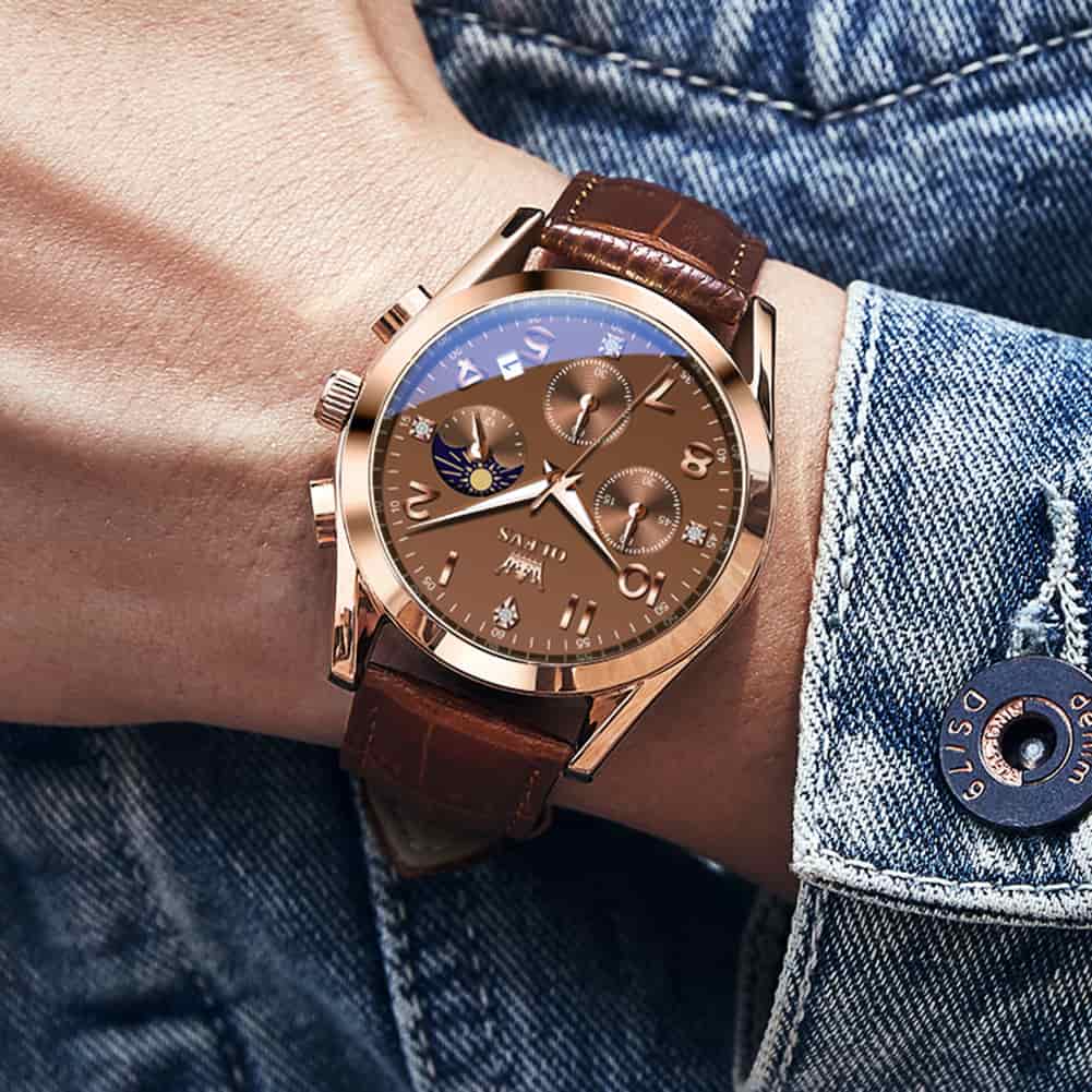 OLEVS 2890 Leather Chronograph Moon Phase Watch for Men - Rose Gold Black Watch | Olevs Watch Store