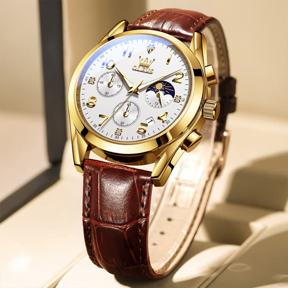 OLEVS 2890 Leather Chronograph Moon Phase Watch for Men - Rose Gold Black Watch | Olevs Watch Store