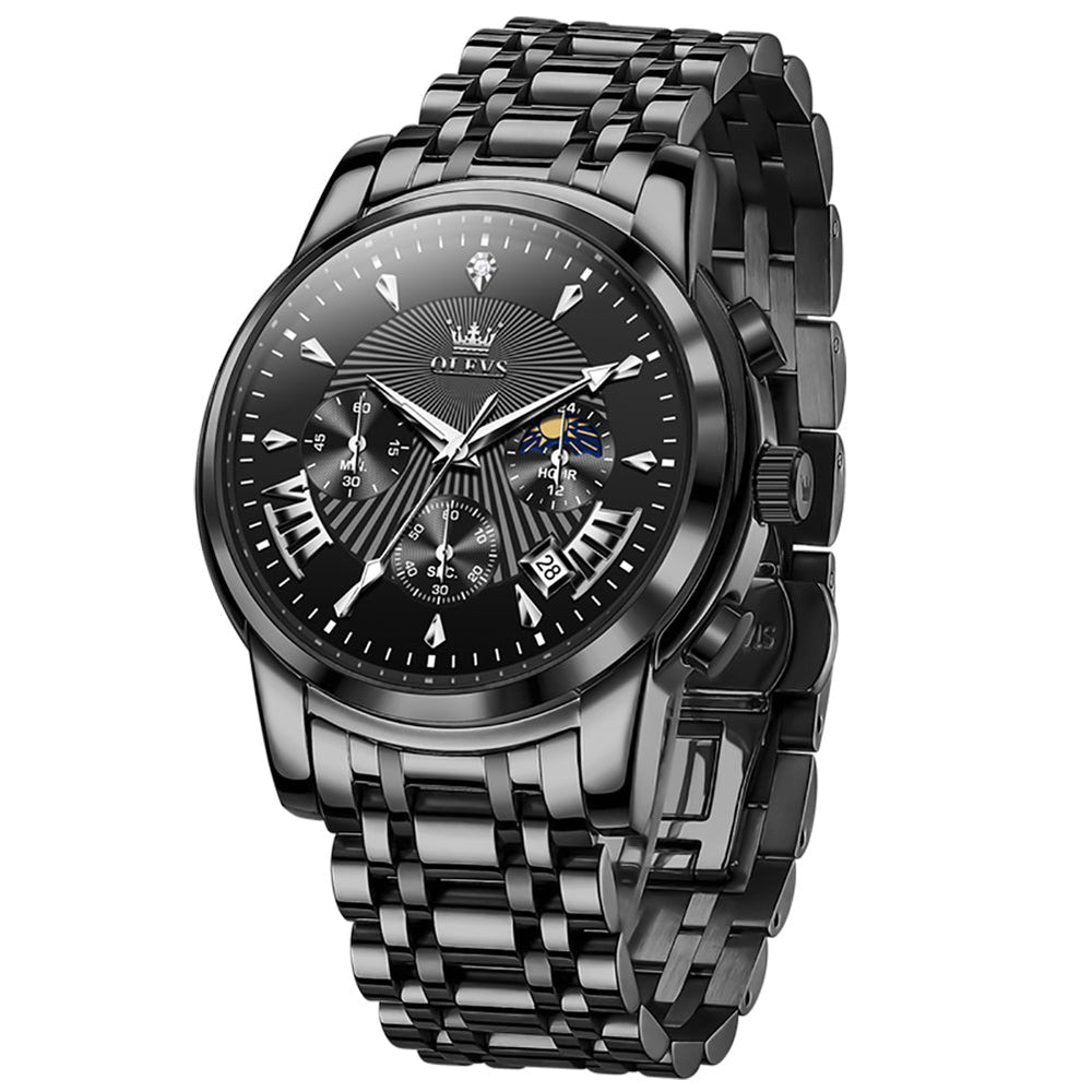 OLEVS 2892 Steel Chronograph Quartz Watch for Men - All Black Silver Accent Watch | Olevs Watch Store