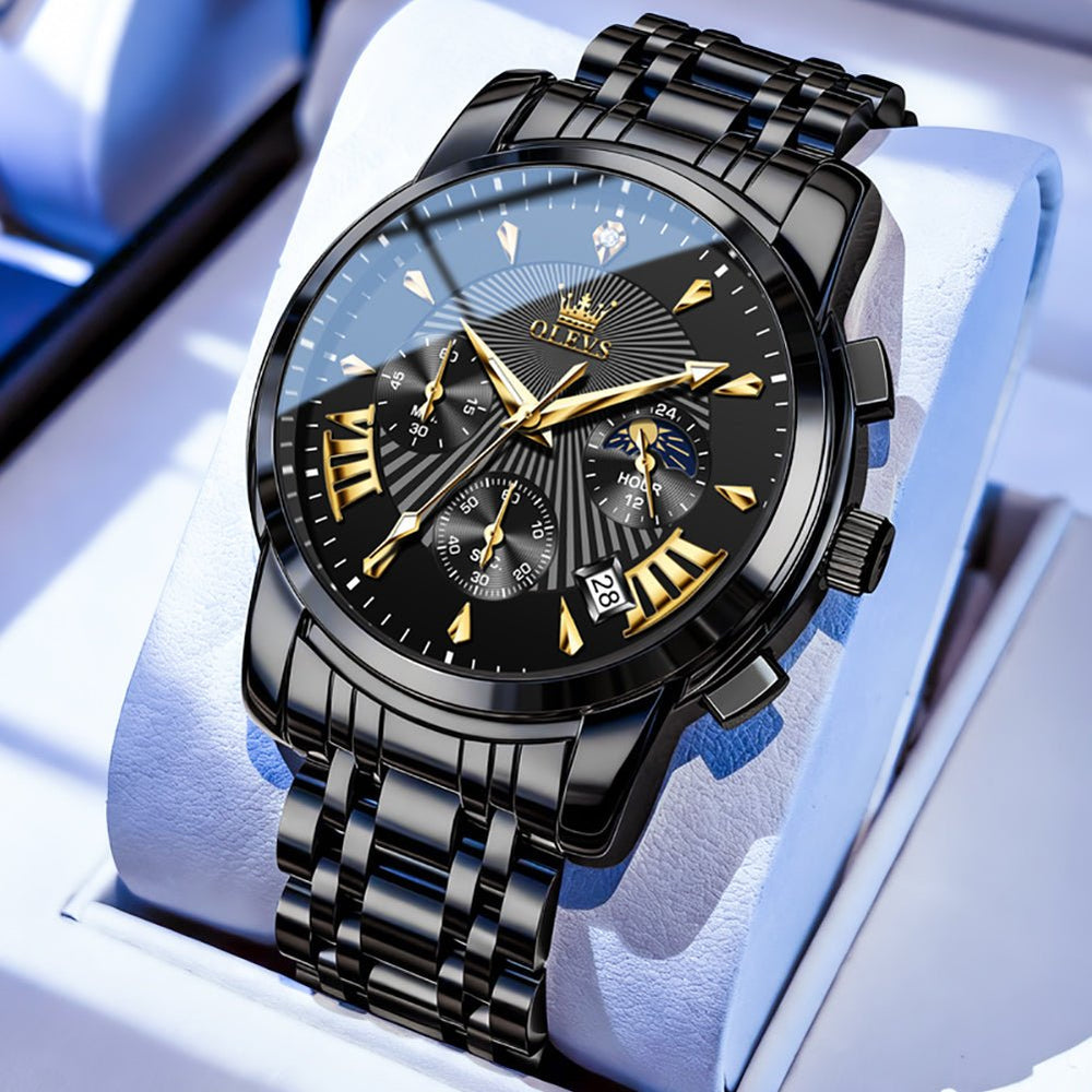 OLEVS 2892 Steel Chronograph Quartz Watch for Men - All Black Silver Accent Watch | Olevs Watch Store