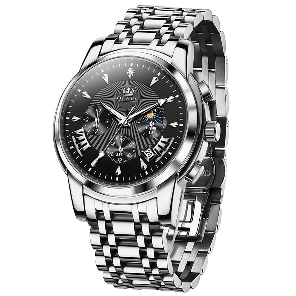OLEVS 2892 Steel Chronograph Quartz Watch for Men - Silver Black Watch | Olevs Watch Store