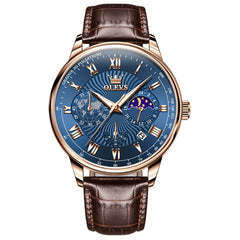 OLEVS 2893 Leather Pulsometer Moon Phase Watch for Men - Rose Gold Blue Watch | Olevs Watch Store