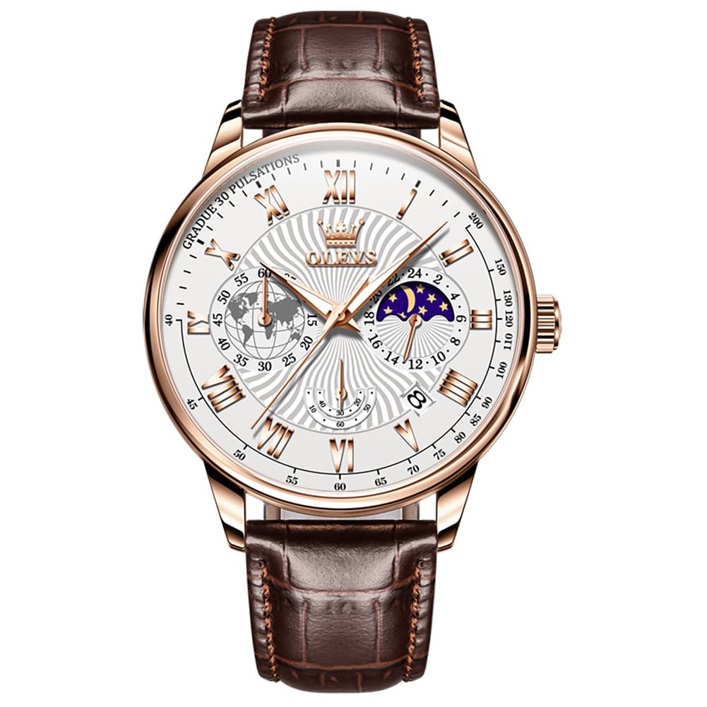 OLEVS 2893 Leather Pulsometer Moon Phase Watch for Men - Rose Gold White Watch | Olevs Watch Store