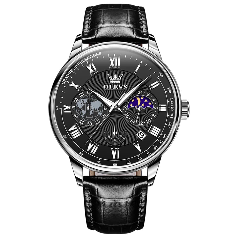 OLEVS 2893 Leather Pulsometer Moon Phase Watch for Men - Silver Black Watch | Olevs Watch Store