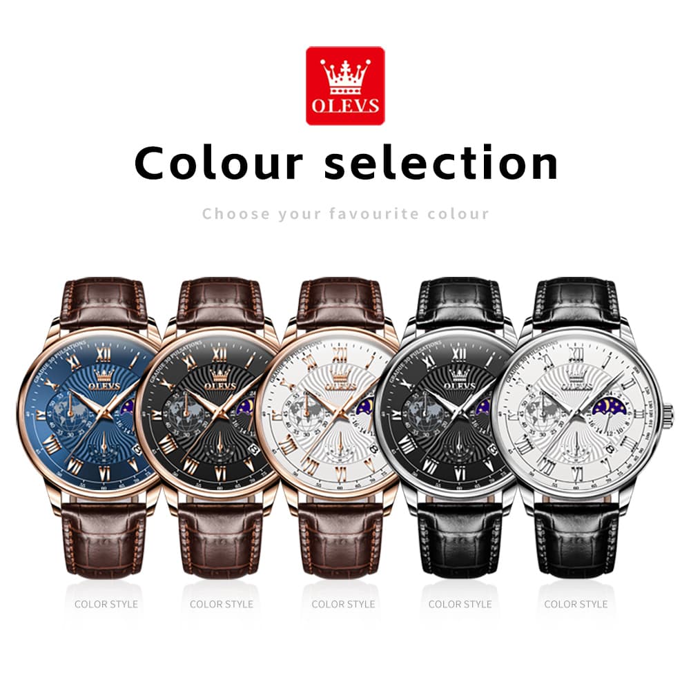 OLEVS 2893 Leather Pulsometer Moon Phase Watch for Men - Silver White Watch | Olevs Watch Store