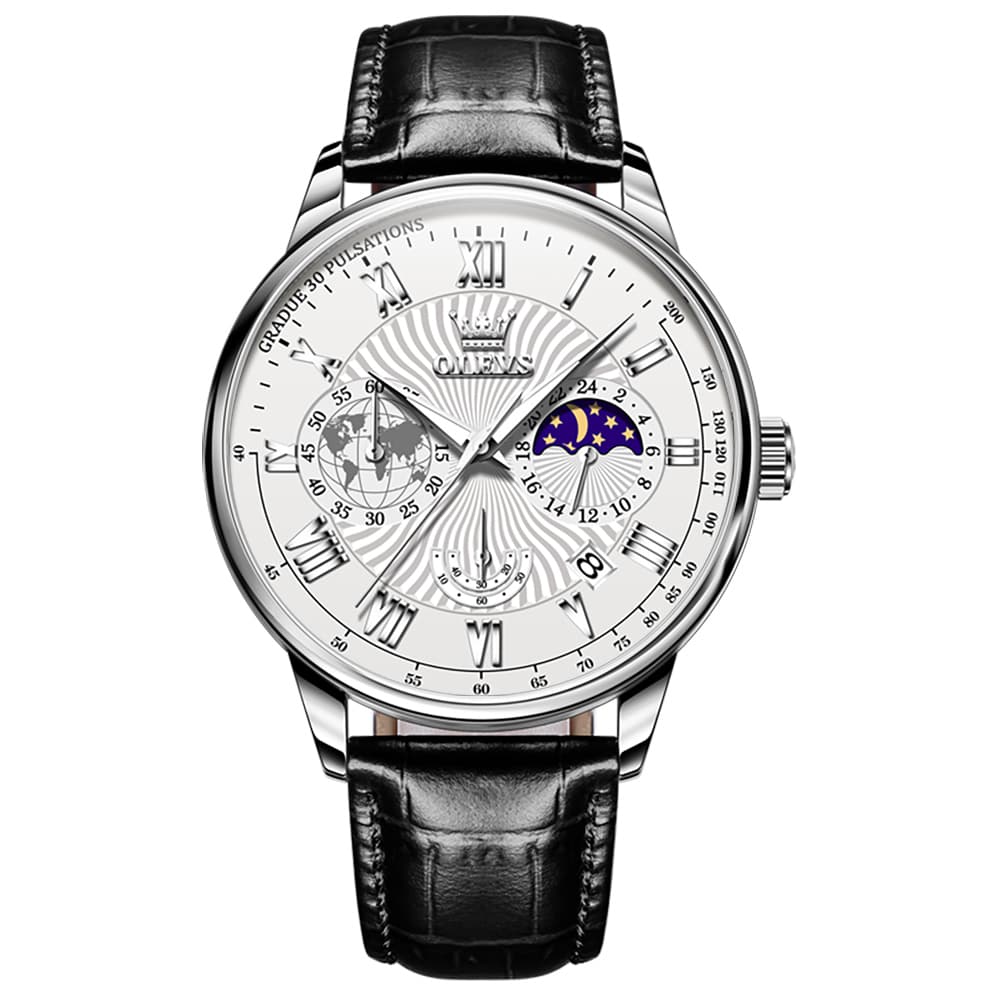 OLEVS 2893 Leather Pulsometer Moon Phase Watch for Men - Silver White Watch | Olevs Watch Store