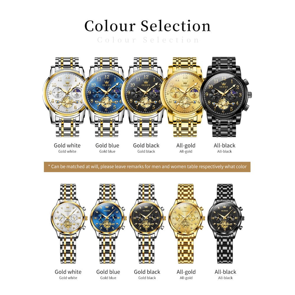 OLEVS 2900 Classic Chronograph Couples Watch Set Men Women - All Black Watch | Olevs Watch Store