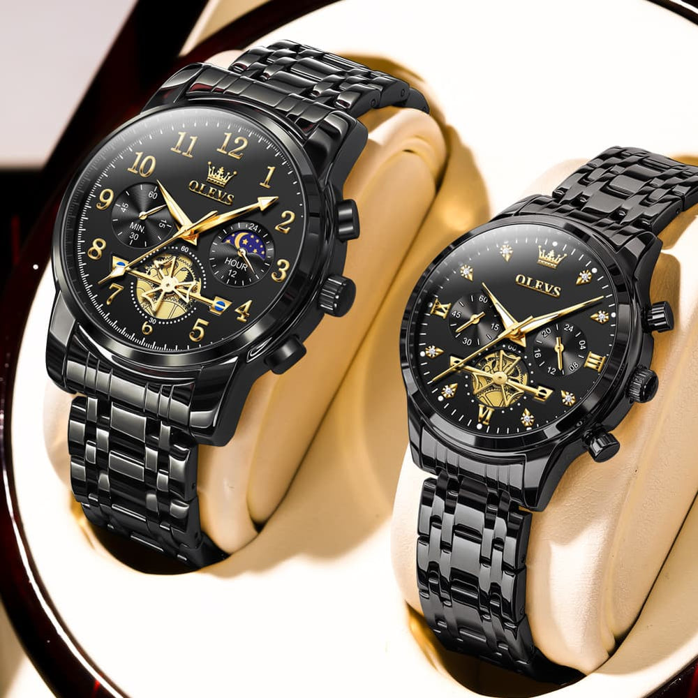 OLEVS 2900 Classic Chronograph Couples Watch Set Men Women - All Black Watch | Olevs Watch Store