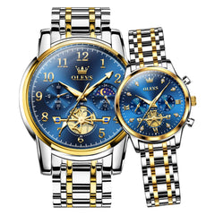 OLEVS 2900 Classic Chronograph Couples Watch Set Men Women - Gold Blue Watch | Olevs Watch Store