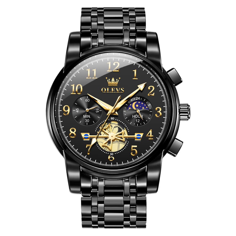 OLEVS 2900 Steel Chronograph Moon Phase Watch for Men - All Black Watch | Olevs Watch Store