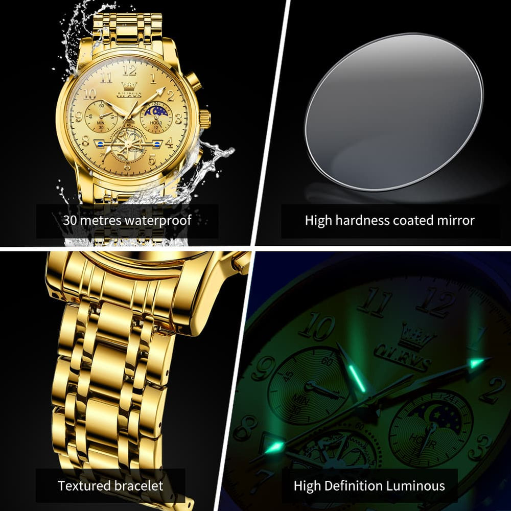 OLEVS 2900 Steel Chronograph Moon Phase Watch for Men - All Gold Watch | Olevs Watch Store