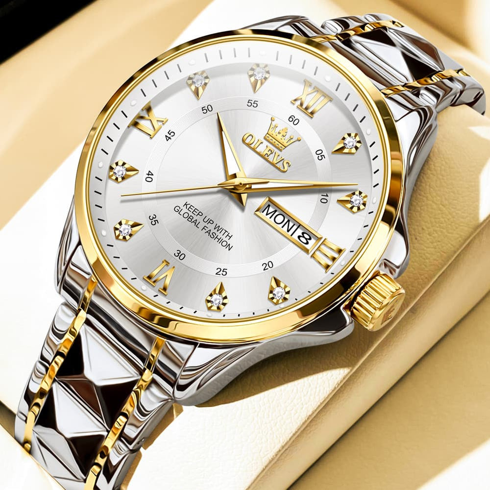 OLEVS 2906 Diamond Day Date Quartz Watch for Men - All Gold Watch | Olevs Watch Store