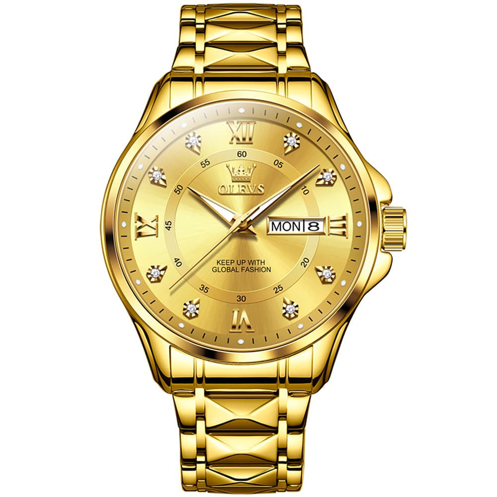 OLEVS 2906 Diamond Day Date Quartz Watch for Men - All Gold Watch | Olevs Watch Store