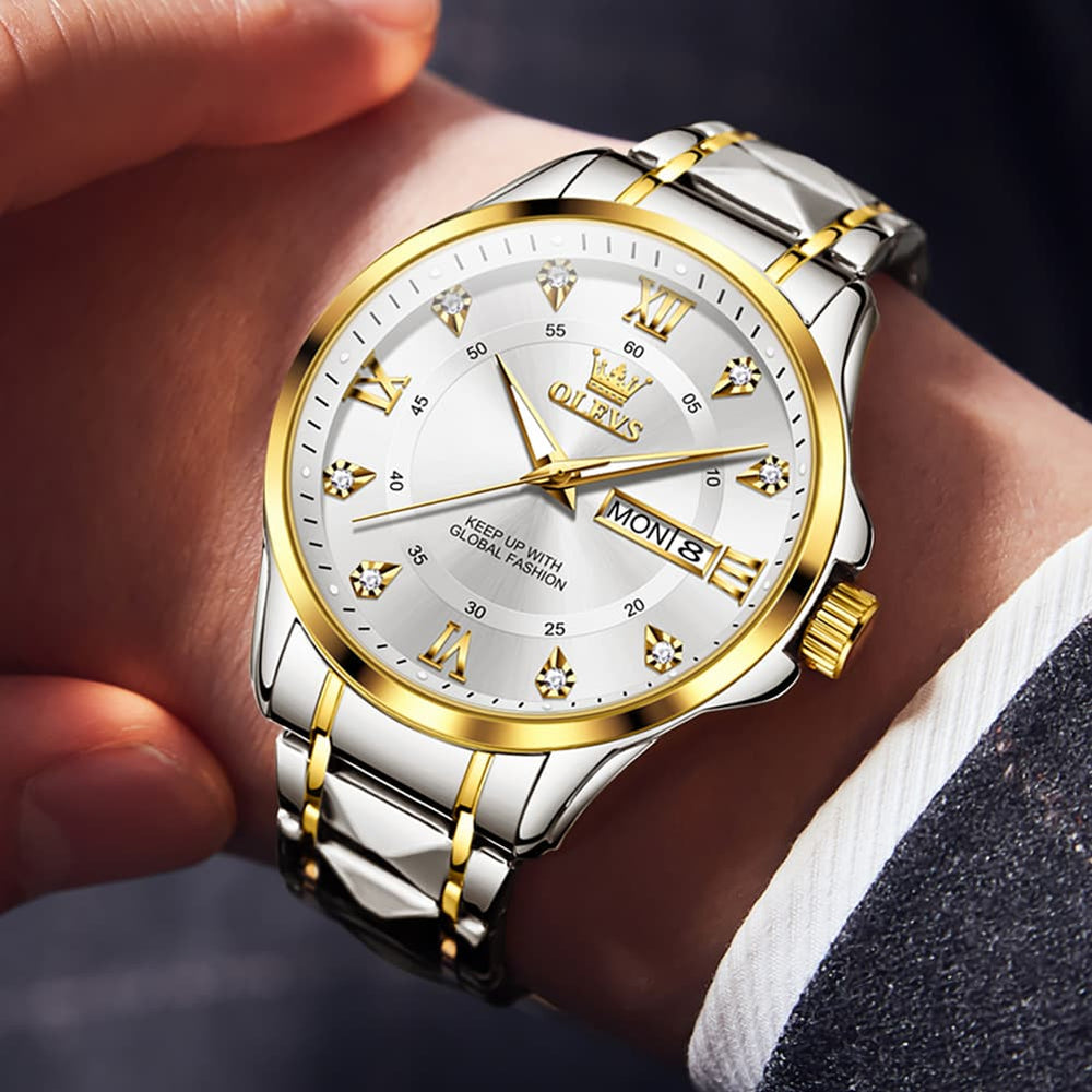 OLEVS 2906 Diamond Day Date Quartz Watch for Men - All Gold Watch | Olevs Watch Store