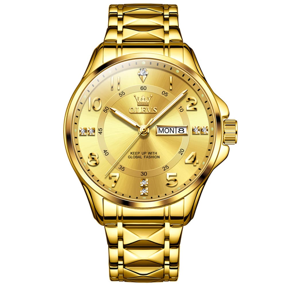 OLEVS 2910 Diamond Day Date Quartz Watch for Men - All Gold Watch | Olevs Watch Store