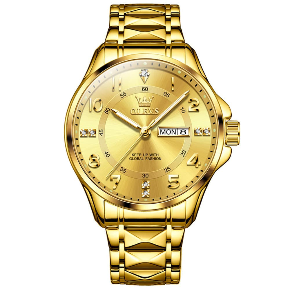 OLEVS 2910 Diamond Day Date Quartz Watch for Men - All Gold Watch | Olevs Watch Store