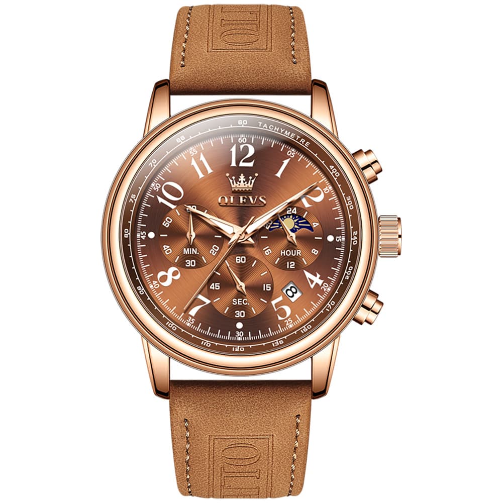 OLEVS 2912 Leather Chronograph Moon Phase Watch for Men - Rose Gold Coffee Watch | Olevs Watch Store