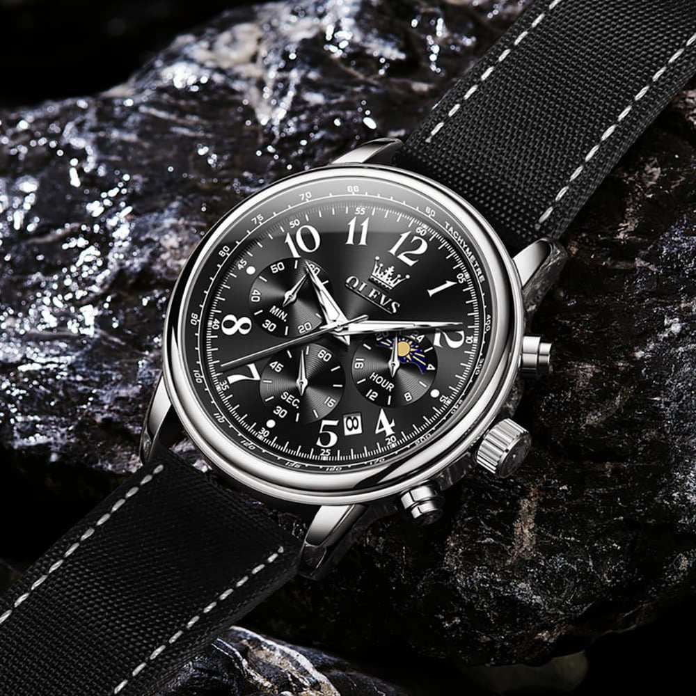 OLEVS 2912 Leather Chronograph Moon Phase Watch for Men - Silver Black Watch | Olevs Watch Store