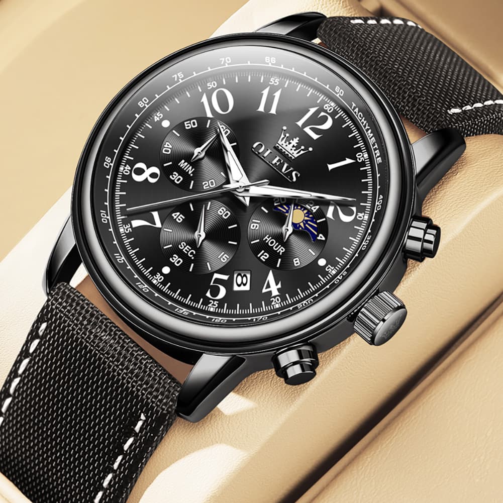 OLEVS 2912 Leather Chronograph Moon Phase Watch for Men - Silver Black Watch | Olevs Watch Store