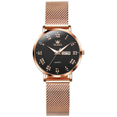 OLEVS 2920 Day Date Quartz Couples Watch Set Men Women - Rose Gold Black Watch | Olevs Watch Store