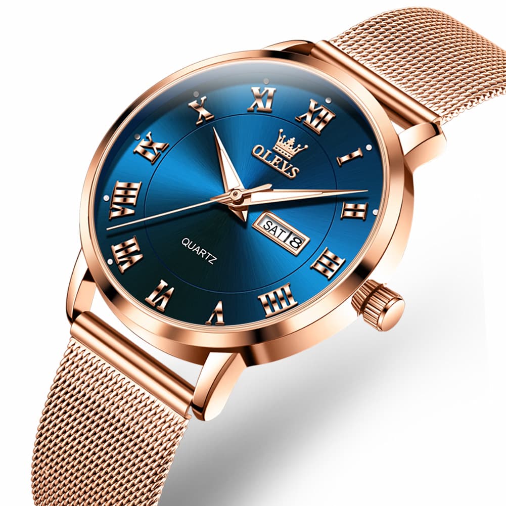 OLEVS 2920 Day Date Quartz Couples Watch Set Men Women - Rose Gold Blue Watch | Olevs Watch Store