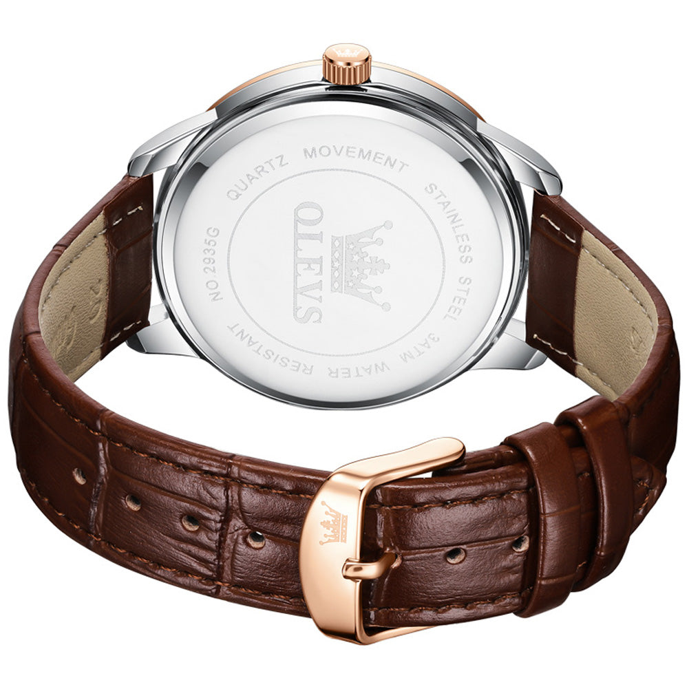 OLEVS 2935 Rose Gold Blue leather strap day date quartz watch