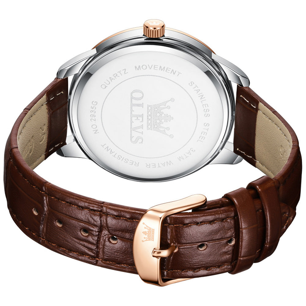 OLEVS 2935 Rose Gold Blue leather strap day date quartz watch