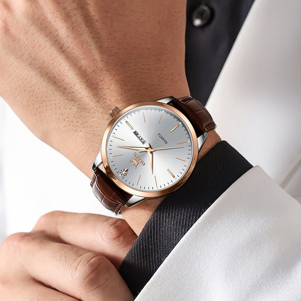 OLEVS 2935 Rose Gold White leather strap day date quartz watch