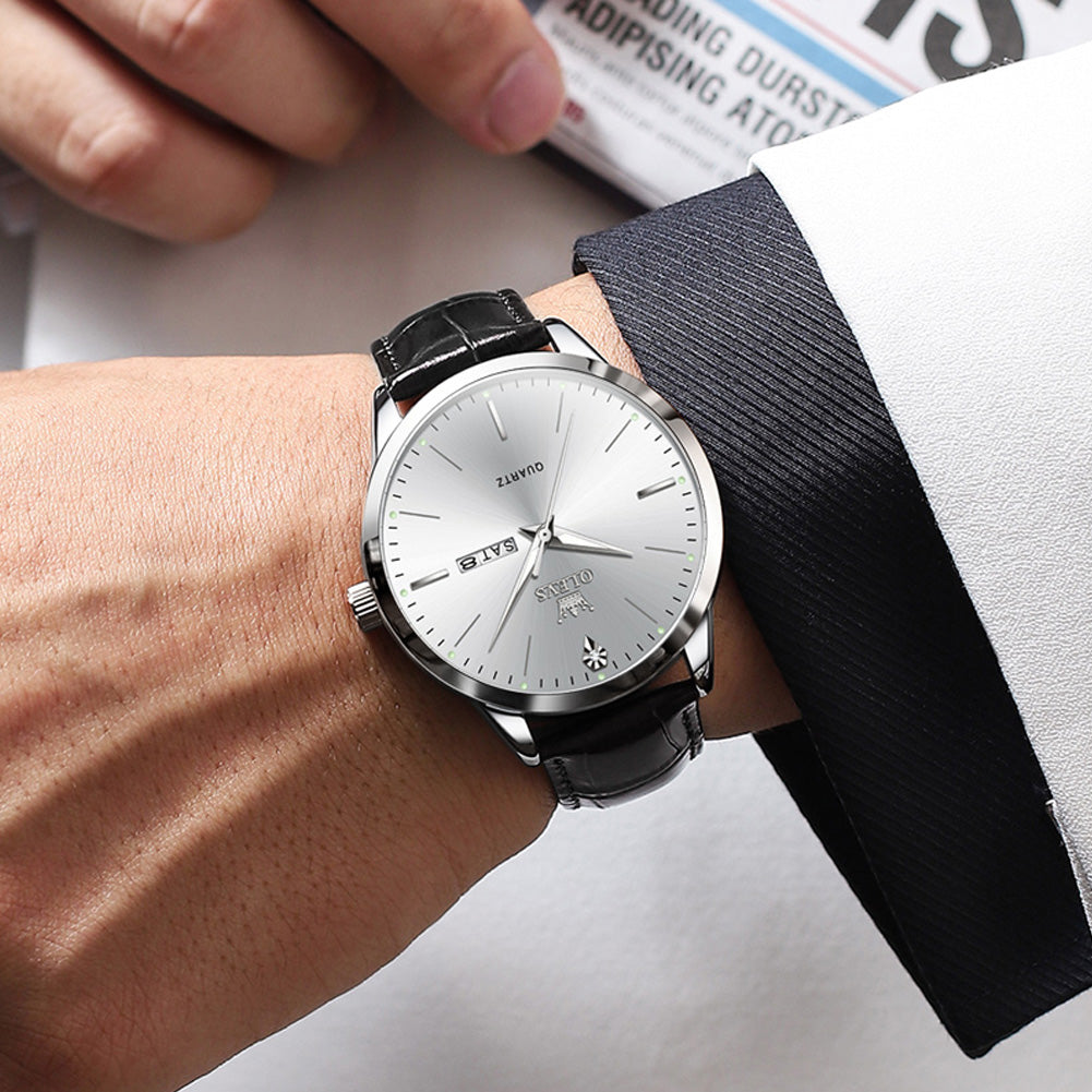 OLEVS 2935 Silver White leather strap day date quartz watch