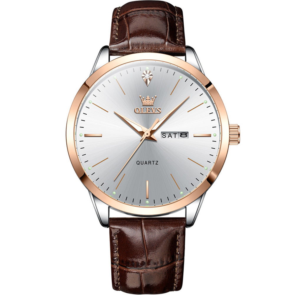 OLEVS 2935 Rose Gold White leather strap day date quartz watch