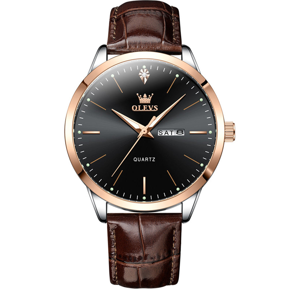 OLEVS 2935 Rose Gold Black leather strap day date quartz watch